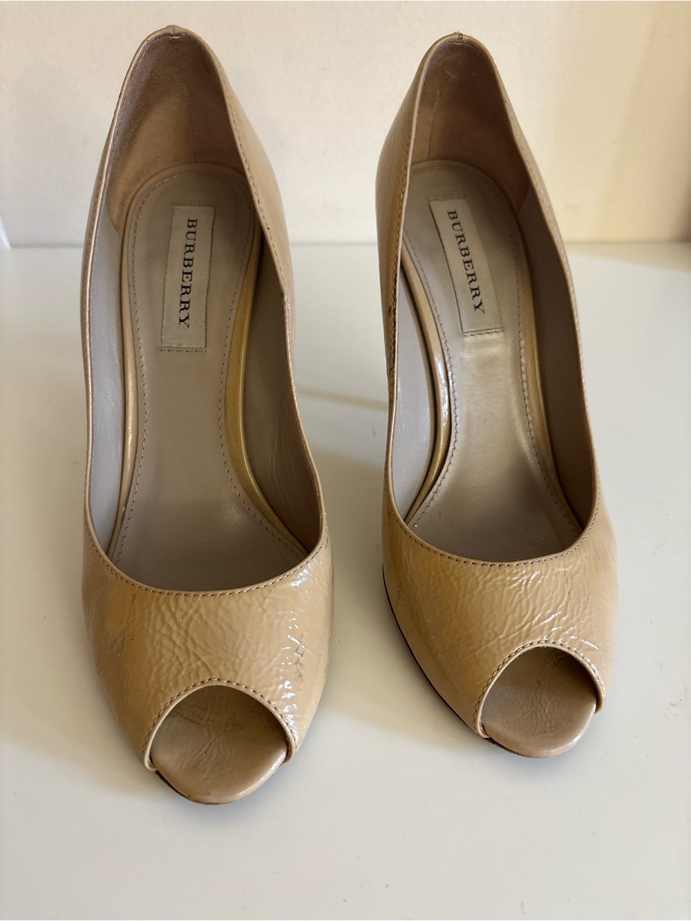 Burberry Women’s Nude Patent Leather Peep-Toe Pumps 38.5 Europe 8 usa